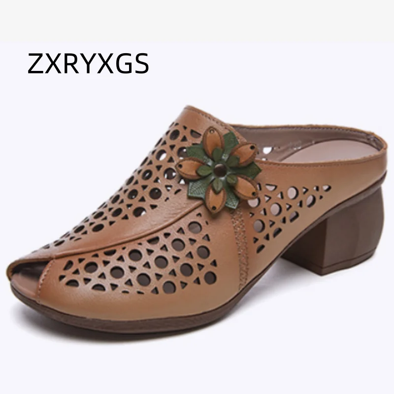 New Summer Thick Bottom Slope with High Heel Slippers Genuine Leather Sandals Flowers Hollow Women Shoes Fashion Sandals detail