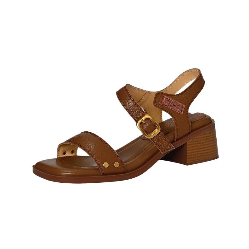 Vintage Chunky Heel Sandals Women Mid Heel Magic Strap Open Toe Backless Soft Leather Shoes product view