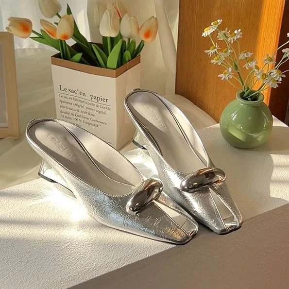 Silver Slope Heel Peep Top Sandals Fashion Open Toe Slippers Banquet Party Woman Shoes 3542 Urban Beauty Sandals detail