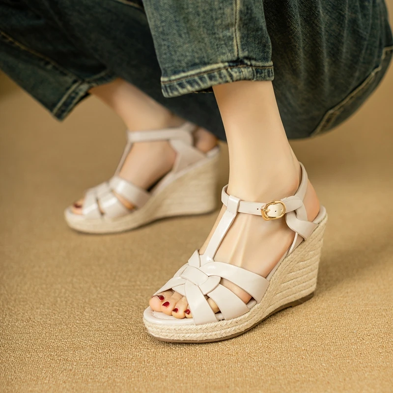 Womens New SpringSummer Square Headed Open Toe Real Leather Weaving Slope Heel High Heel Cross Roman Sandals detail