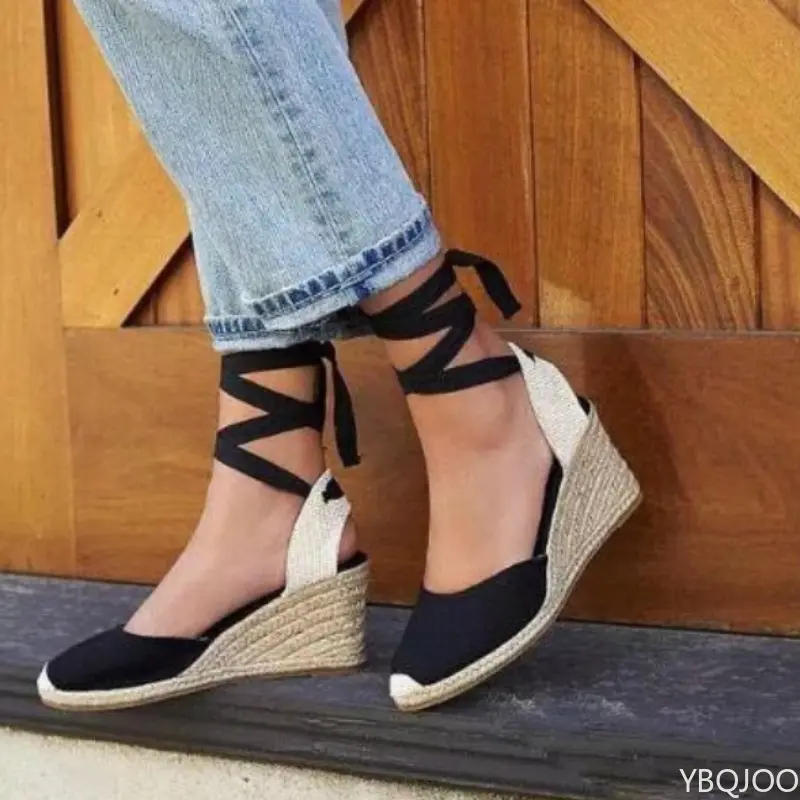 New Large Slope Heel Womens Sandals Thick Bottom Baotou Bag with Foot Ring Strap Cloth Surface Hemp Rope Sandals for Women product view
