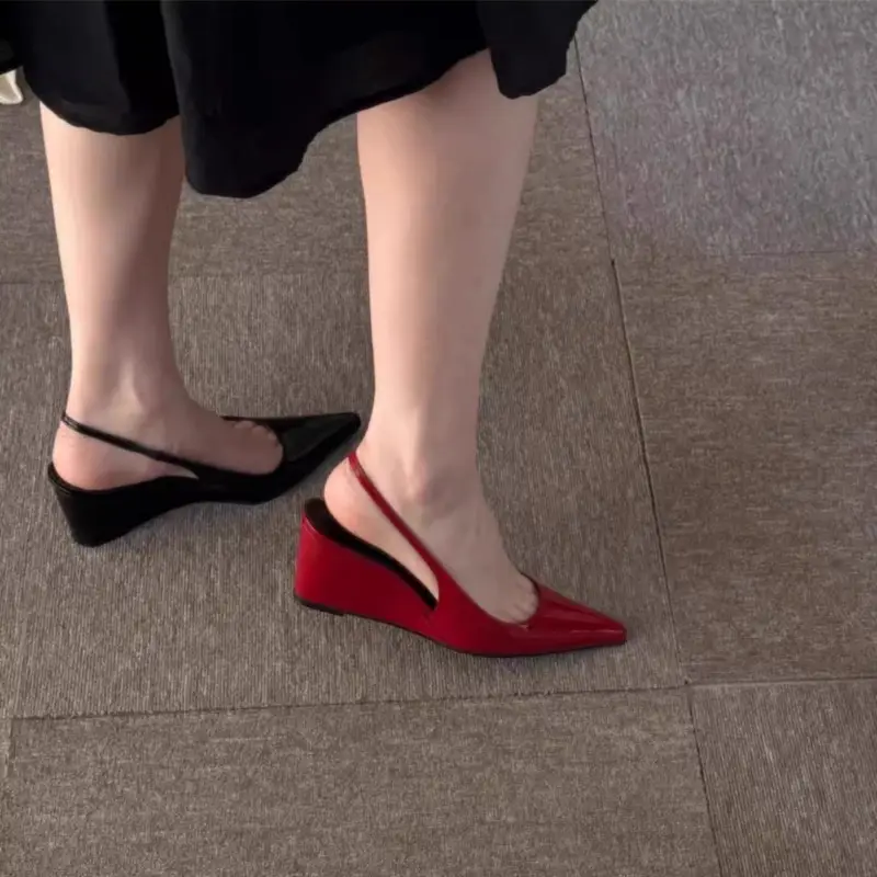 New Shallow Mouth Pointed Toe Single Shoes Women Wear Soft Leather Temperament Wedge Heel Baotou Sandals in Summer product view
