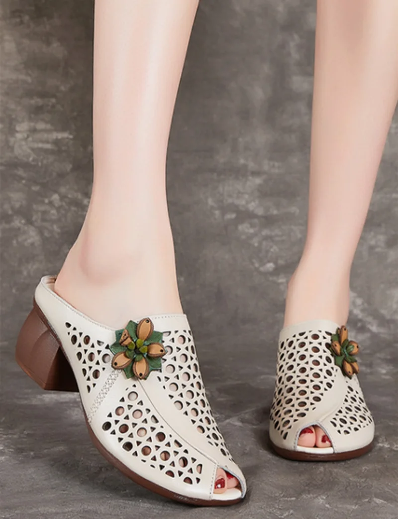 New Summer Thick Bottom Slope with High Heel Slippers Genuine Leather Sandals Flowers Hollow Women Shoes Fashion Sandals detail