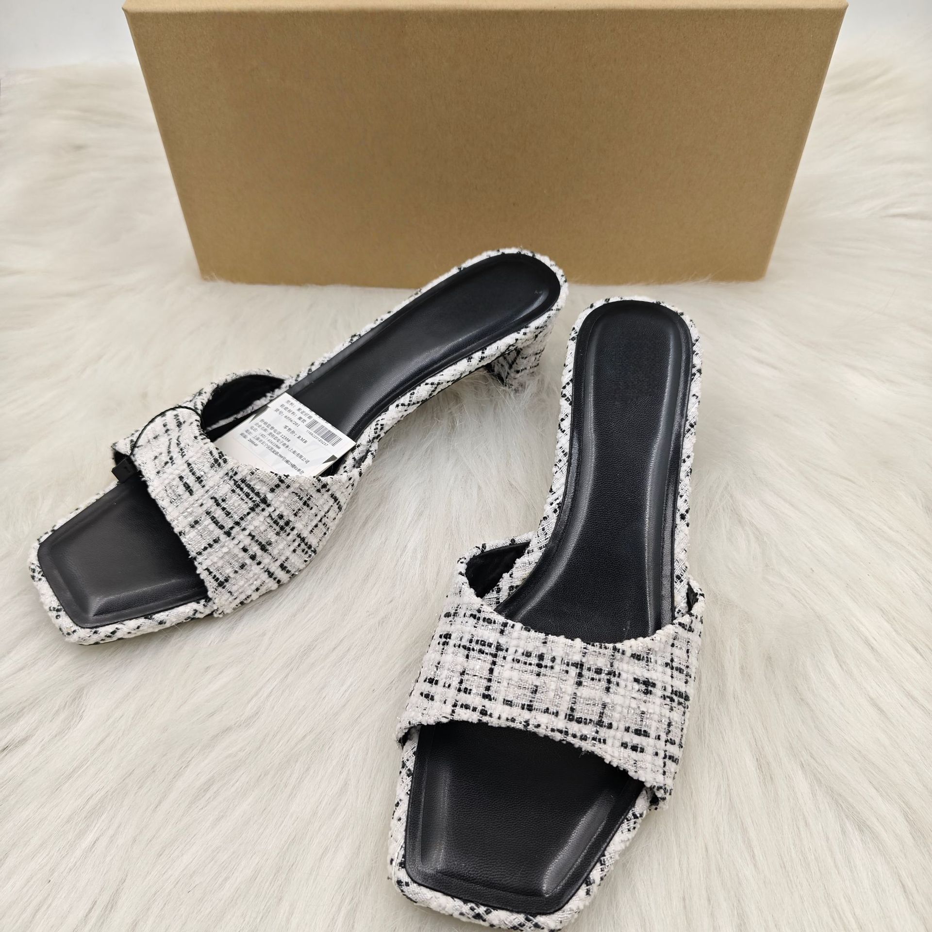 Summer New SquareToe Heeled Sandals Women ChunkyHeel OpenToe SlipOn Slide Slippers detail
