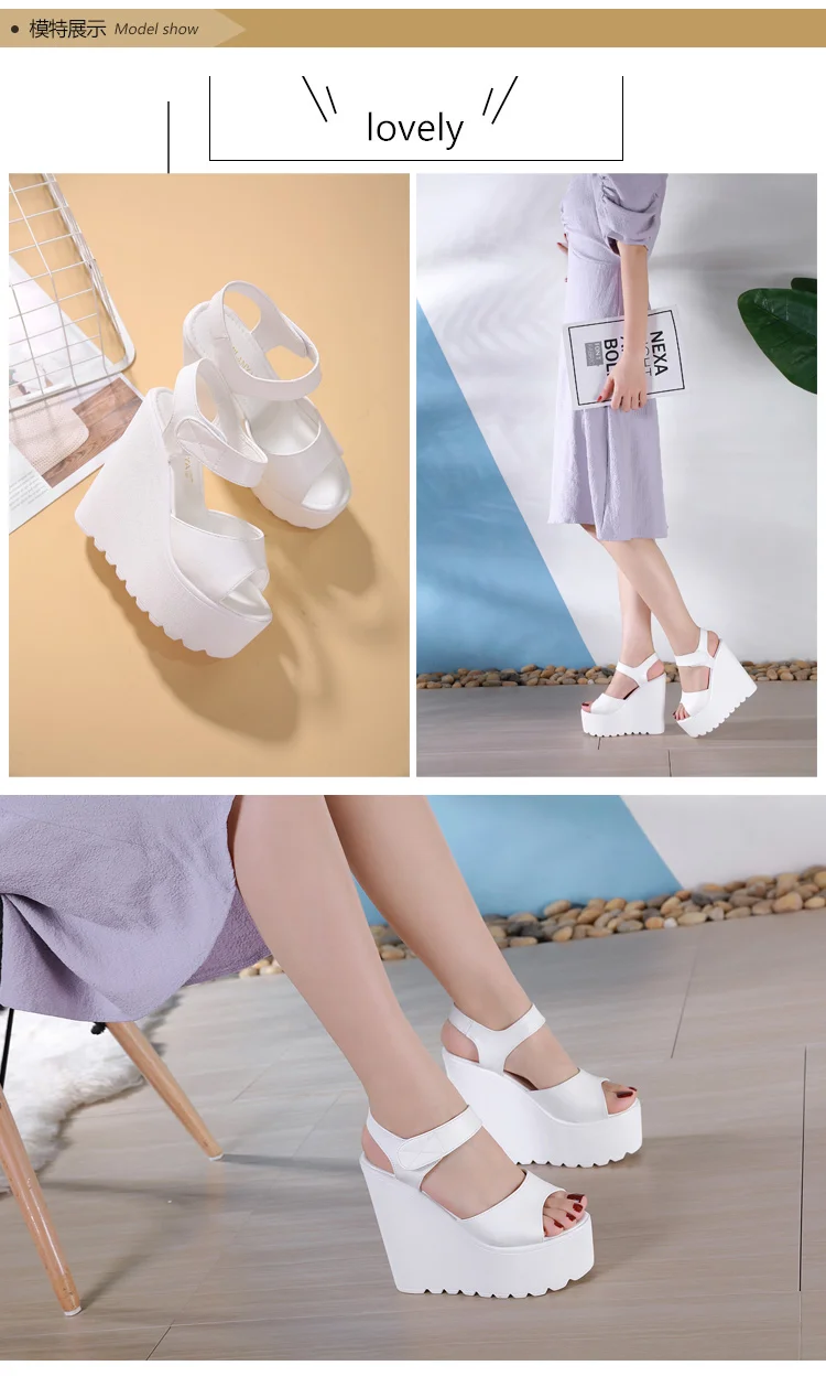 Summer Straps Roman Shoes Sexy Trendy FishBeak Womens Shoes Muffin Thick Inside Raise 15CM Slope Heel Sandals detail