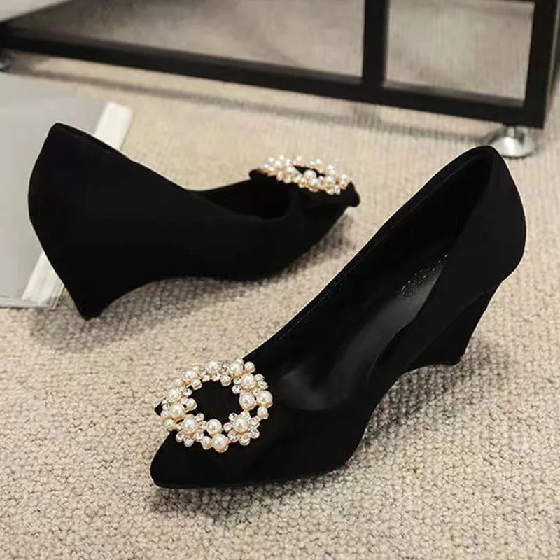 Slope Heel Fashion Shoes Women Spring New Water Diamond Pointed Shallow Mouth Soft Sexy High Heels Women Black Retro Footwear 43 detail