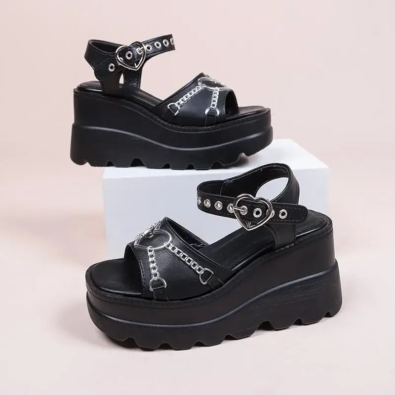 35-43 Plus Size Fashion Slope Heel Women Sandals Metal Chain Decoration Female Buckle Platform Shoes Women's Sandals Tide Shoes