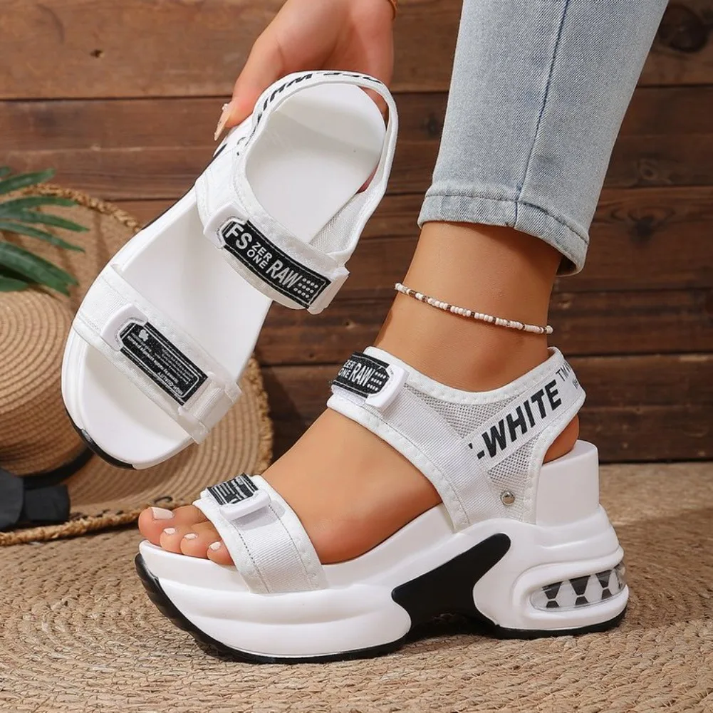 Summer New Women Sport Sandals Fashion Slope Elevated Platform Shoes Girls Outdoor Leisure High Heeled Fish Mouth Sandals detail