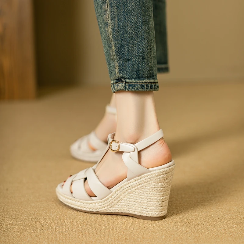 Womens New SpringSummer Square Headed Open Toe Real Leather Weaving Slope Heel High Heel Cross Roman Sandals detail