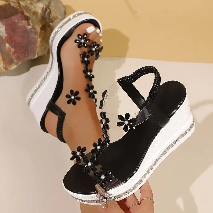 Womens Thick Heel Sandals Summer New Large Size Fashion Slope Heel Flower Rhinestone Fairy Beach Sandals Round Toe detail
