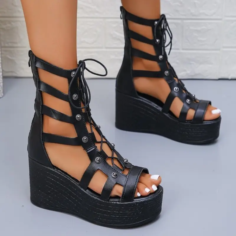 Slope Heel Sandals Summer New Round Head Thick Bottom Front Lacing Hollow Bag with Anti-slip Wear-resistant High Heels