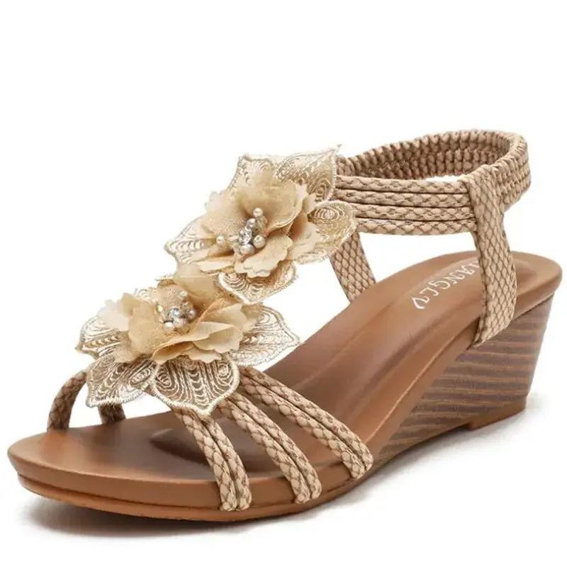 Slope Heel Roman Women Summer Fashion and Generous Highend Bohemian Retro Flowers Holiday Sandals Womens Shoes product view