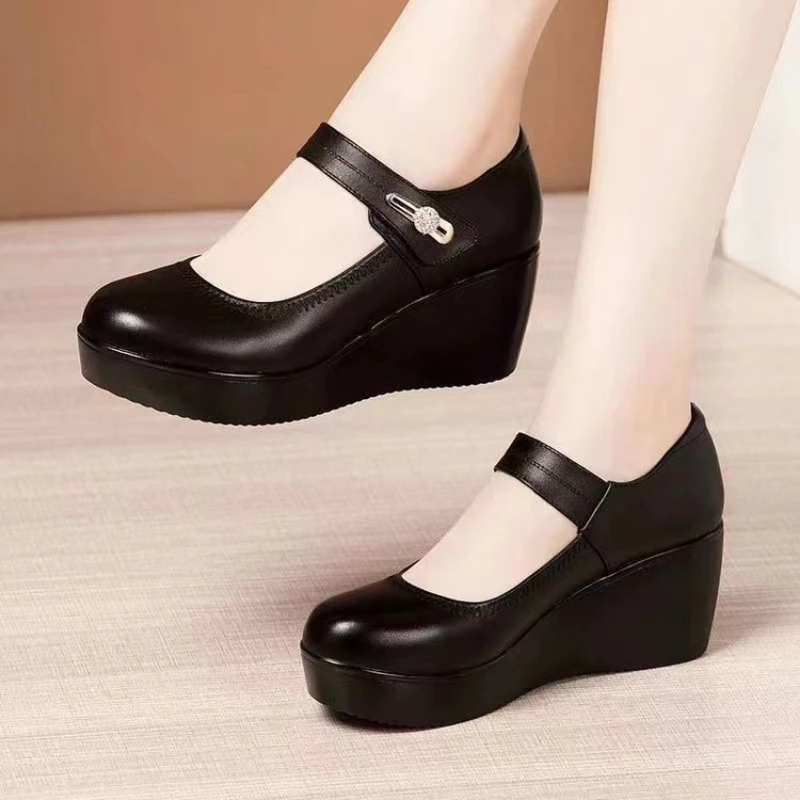 New Round toe Womens Shoes Casual Thick soled Spring Comfort Shoes Versatile high heels Slope heel ladies pumps Mujer Zapatos detail