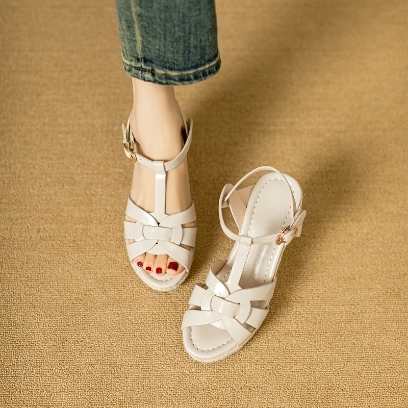 Womens New SpringSummer Square Headed Open Toe Real Leather Weaving Slope Heel High Heel Cross Roman Sandals detail
