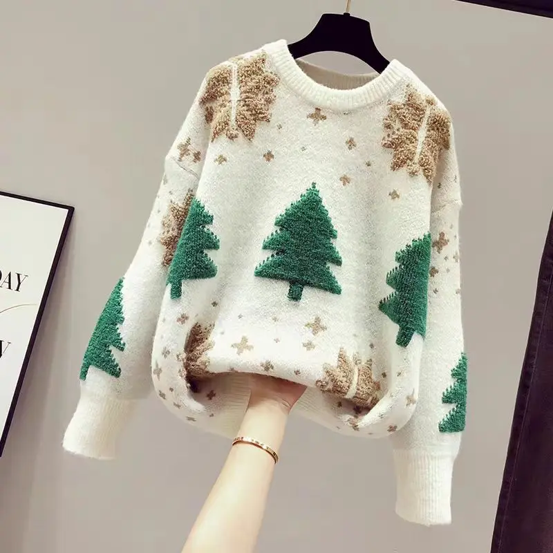 Womens Sweater New Christmas Tree Snow Youthful woman Clothes Long Sleeve Tops Blouse Oneck Sweatshirts Knitwear Allmatch detail