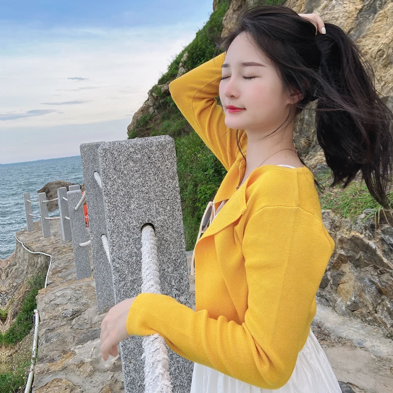 Black Cropped Knitted Sweater Style Womens Coat Spring Long Sleeve Top Jersey Cardigan Female Clothing Blouses detail