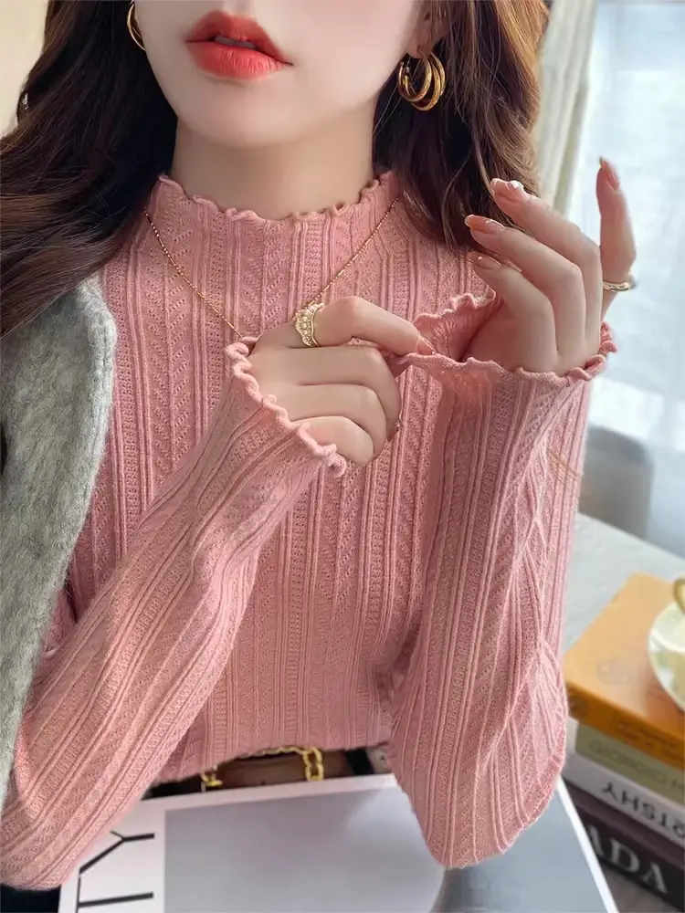 New Womens Autumn and Winter Solid Color Ruffled Semiturtleneck Longsleeved Knitted Sweater Casual Womens Knitted Pullovers product view