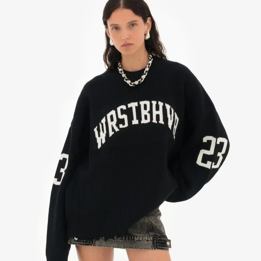 Trendy Loose Letter Jacquard Knitted Pullover Womens Autumn New Gray Black Soft Sweater Hottie Versatile Pieces product view