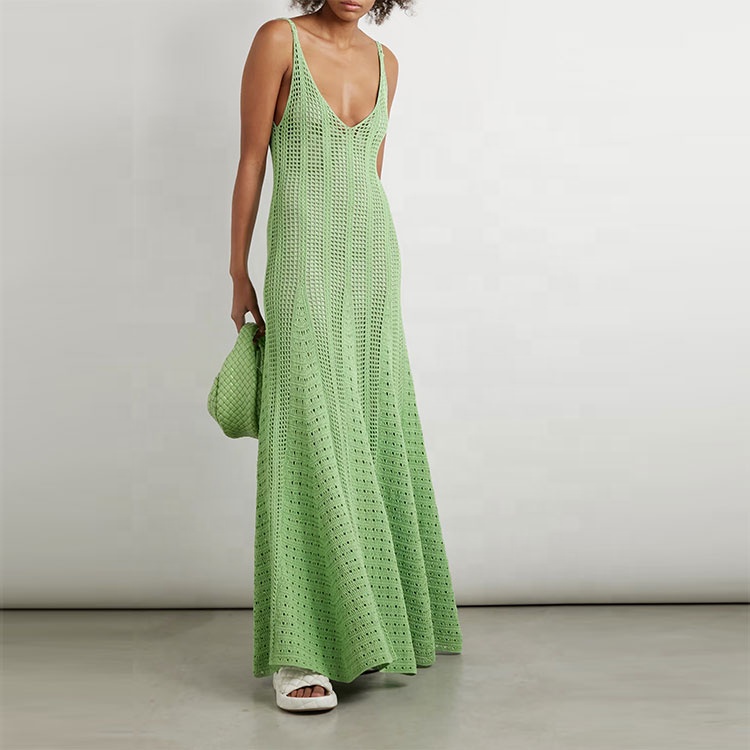 Knitwear Custom Green Sling Sleeveless VNeck Hollow Out Simple Winter ALine Women Maxi Knit Sweater Casual Dress detail