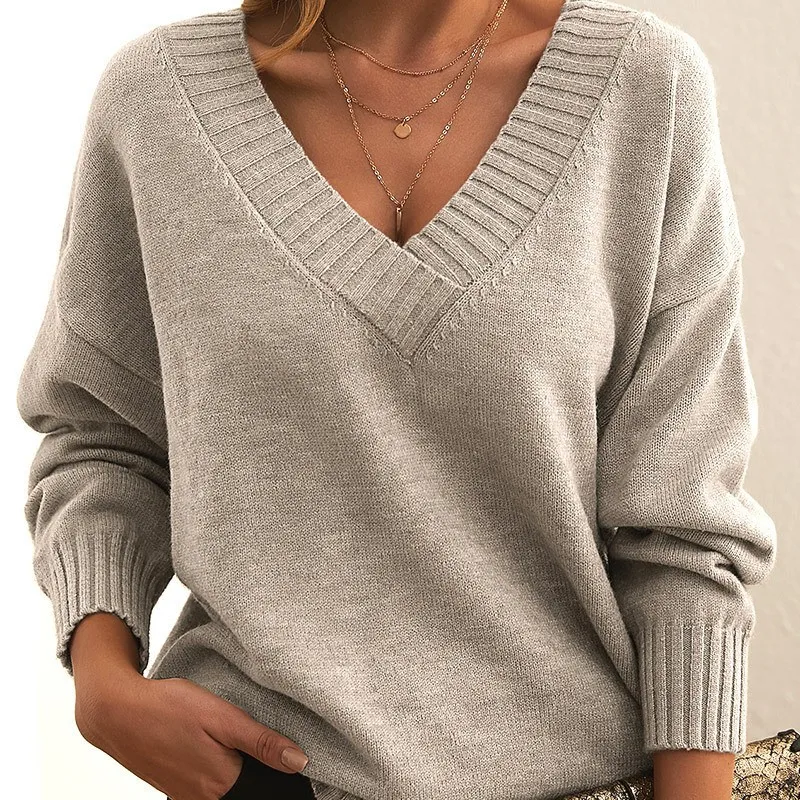 Fall Winter New Fashion Womens Sweater LooseFit VNeck Casual Pullover Knit Tops Clothing detail