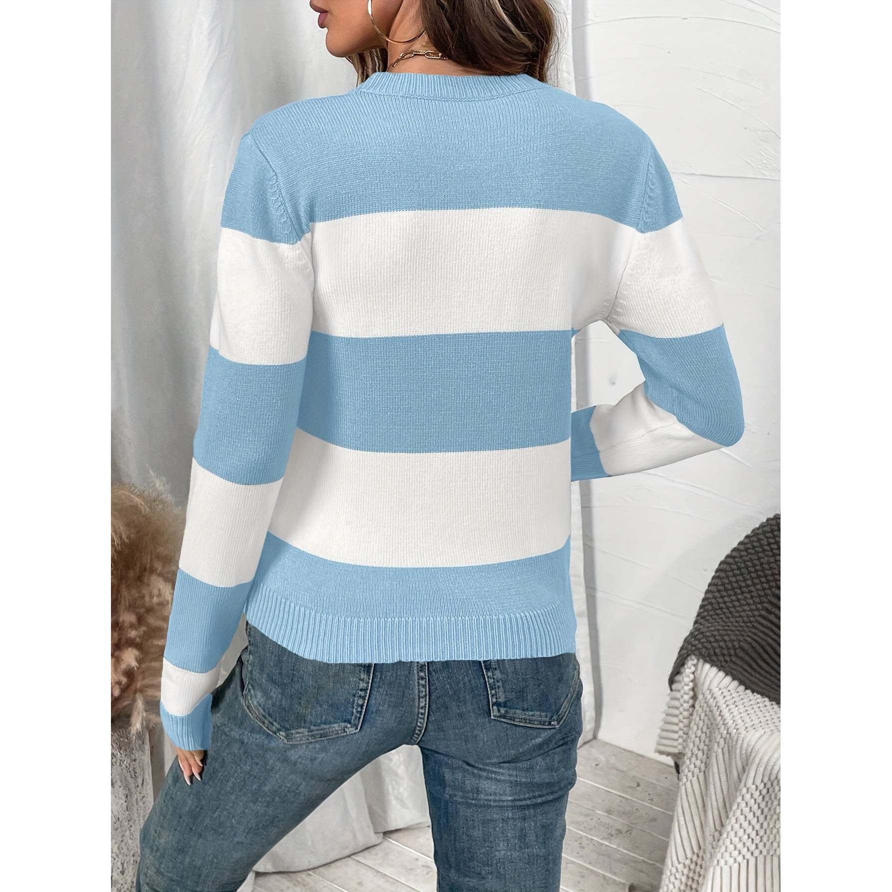 Womens Striped Crew Neck Regular Length Long Sleeve Knit Sweater Warm Breathable Casual Style detail