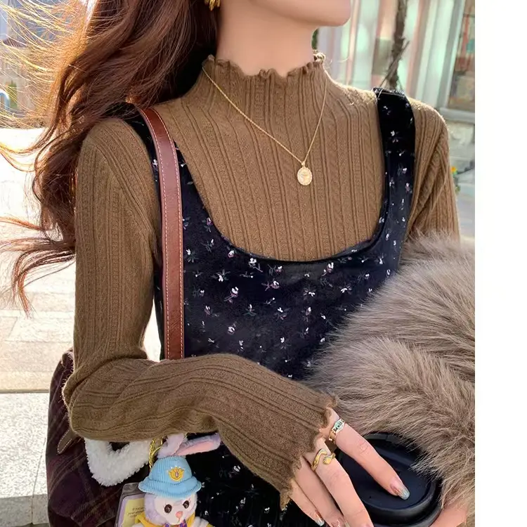 New Womens Autumn and Winter Solid Color Ruffled Semiturtleneck Longsleeved Knitted Sweater Casual Womens Knitted Pullovers product view