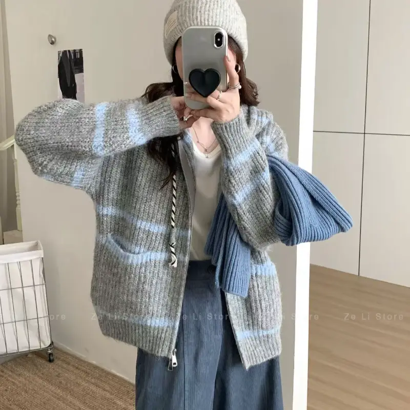 Loose Womens Zipper Knitted Sweater Striped Hooded Color Block Autumn Winter Outerwear Casual Comfortable Lazy Style Top product view