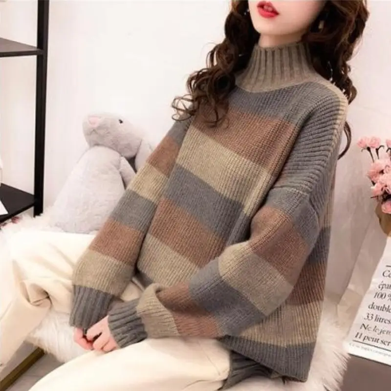 2025 Autumn Winter Thick Warm Sweater Casual Half High Neck Womens Knitted Sweater Striped Loose Fit Lady Pullover Tops product view