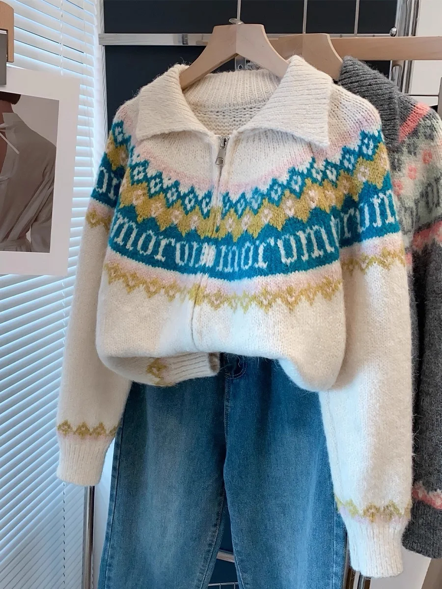 Zipper Lapel Color Blocking Coat Retro Jacquard Knitted Cardigan Loose Long Sleeve Sweater detail