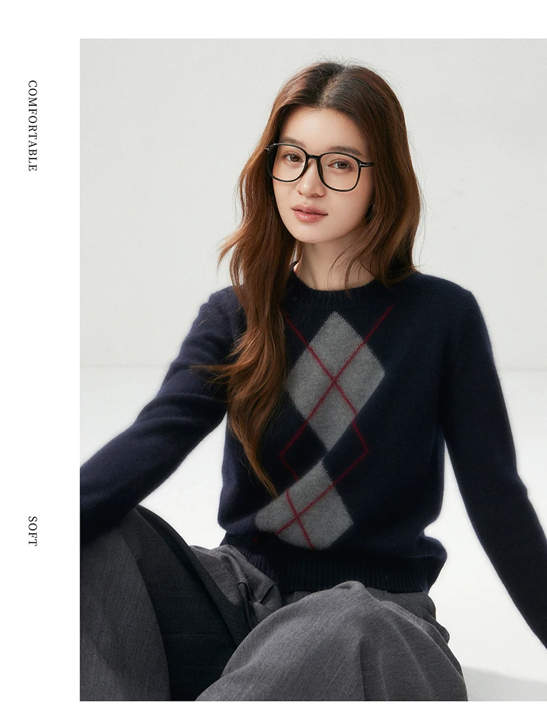 Light Luxury Womens Autumn Winter Sweater Argyle 100 Cashmere Knit Pullover Long Sleeve Clothing Top Lady Warm Jersey detail