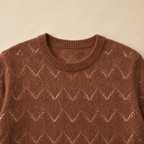 Mohair Wool Blend Openwork Crew Neck Pullover Long Sleeve Womens Knitted Sweater detail