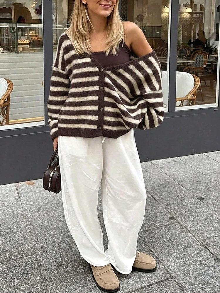 Stripe Print Long Sleeve Cardigans Elegant Vneck Womens Commute Sweater Coat Fur Soft Button Jumpers detail