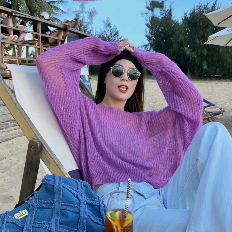 Simple Hollow Out Lightweight Long Sleeved Knitted Sweater Spring New Solid Color Womens Pullover Summer Sunscreen Knitted Tops detail