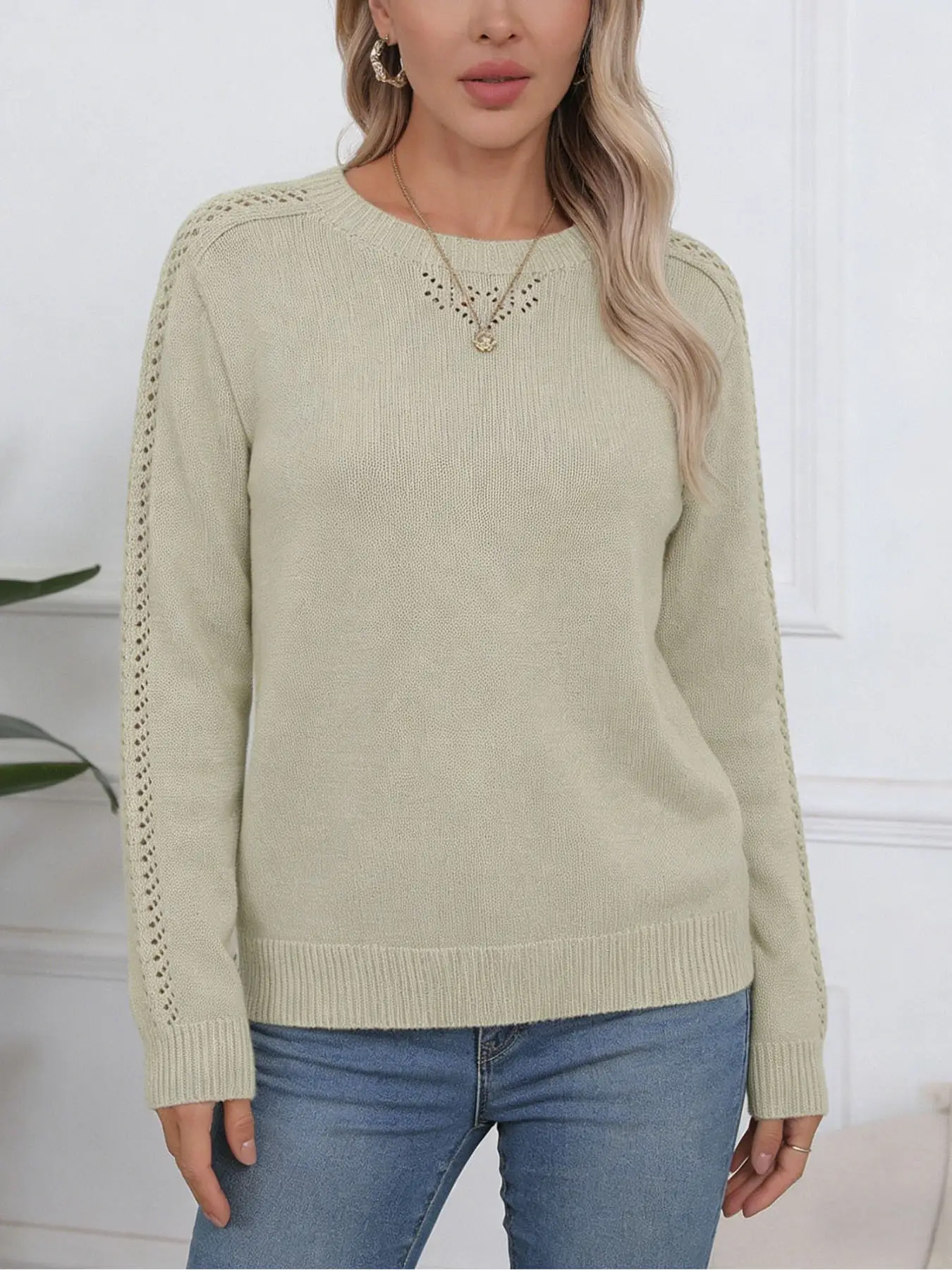 New Spring and Autumn Elegant Hollow Knitted Sweater Womens Loose Round Neck Long Sleeve Sweater Casual Outerwear Top Date Gift product view