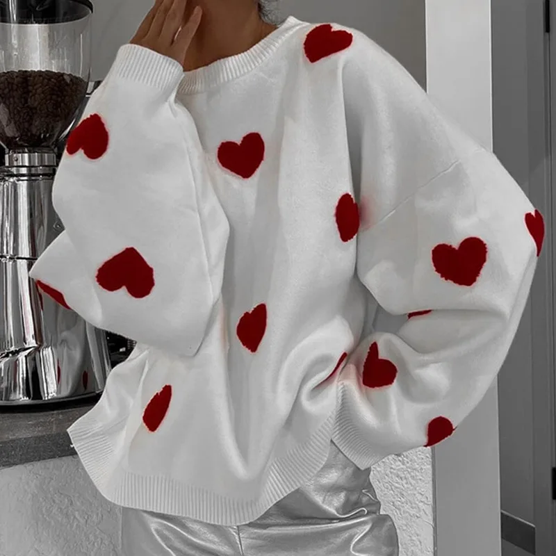 Love Heart Knitted Sweater Womens Trendy Street Style Long Sleeve Overhead Pullover Knitwear Ultra Short Length Fashion detail