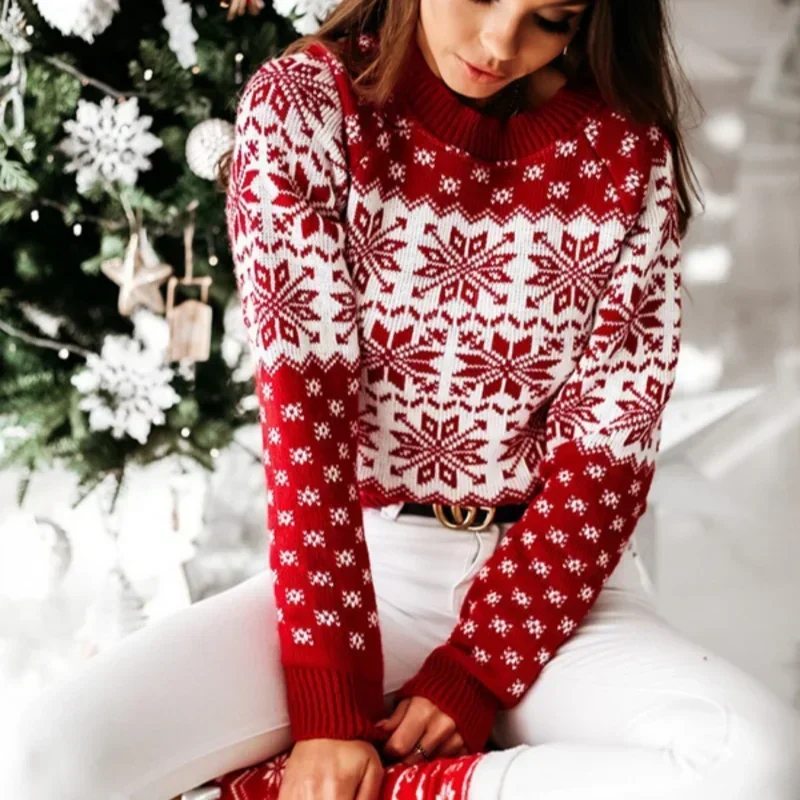 Hot Selling Womens Sweater Print Long Sleeve Round Neck Knitted Pullover Sweater Tops Sweater Knitwea product view