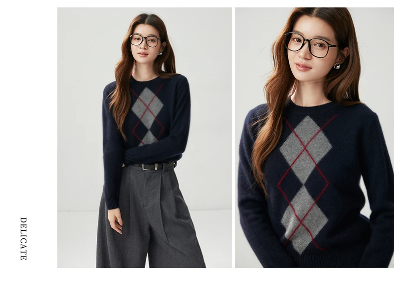 Light Luxury Womens Autumn Winter Sweater Argyle 100 Cashmere Knit Pullover Long Sleeve Clothing Top Lady Warm Jersey detail