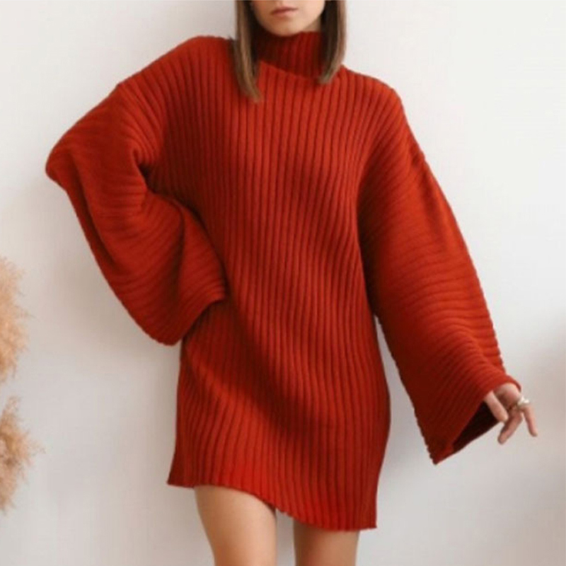Knitwear Manufacturers ODM Custom White Turtleneck Long Sleeve Large Ribbed Simple Midi Women Sweater Knit Dress detail