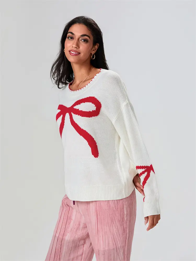 Womens Bow Print Sweater Elegant Long Sleeve Round Neck Knit Pullovers Spring Autumn Tops product view