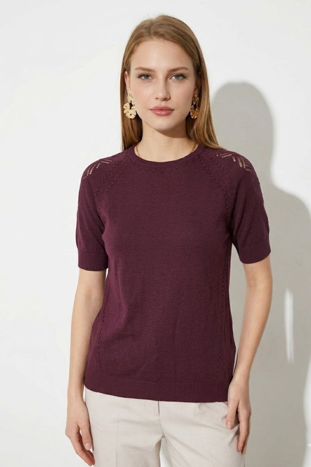 Women Olive Green Short Sleeve Knit Pullover Crew Neck Solid Color Casual Top 100 Cotton Spring Lightweight Sweater detail
