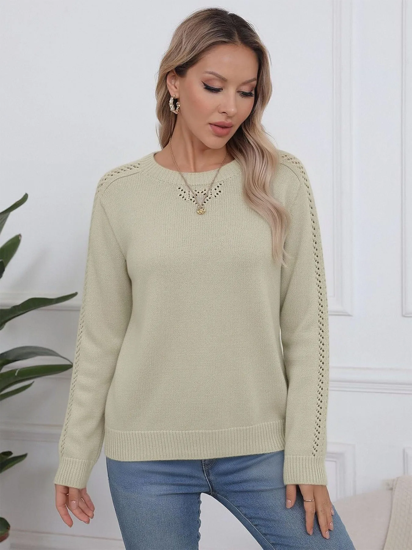 New Spring and Autumn Elegant Hollow Knitted Sweater Womens Loose Round Neck Long Sleeve Sweater Casual Outerwear Top Date Gift detail