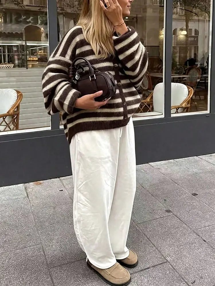 New Fur Soft Button Jumpers Stripe Print Long Sleeve Cardigans Elegant Vneck Womens Commute Sweater Coat product view
