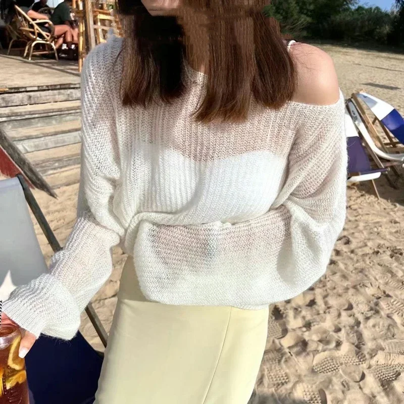 Simple Hollow Out Lightweight Long Sleeved Knitted Sweater Spring New Solid Color Womens Pullover Summer Sunscreen Knitted Tops detail