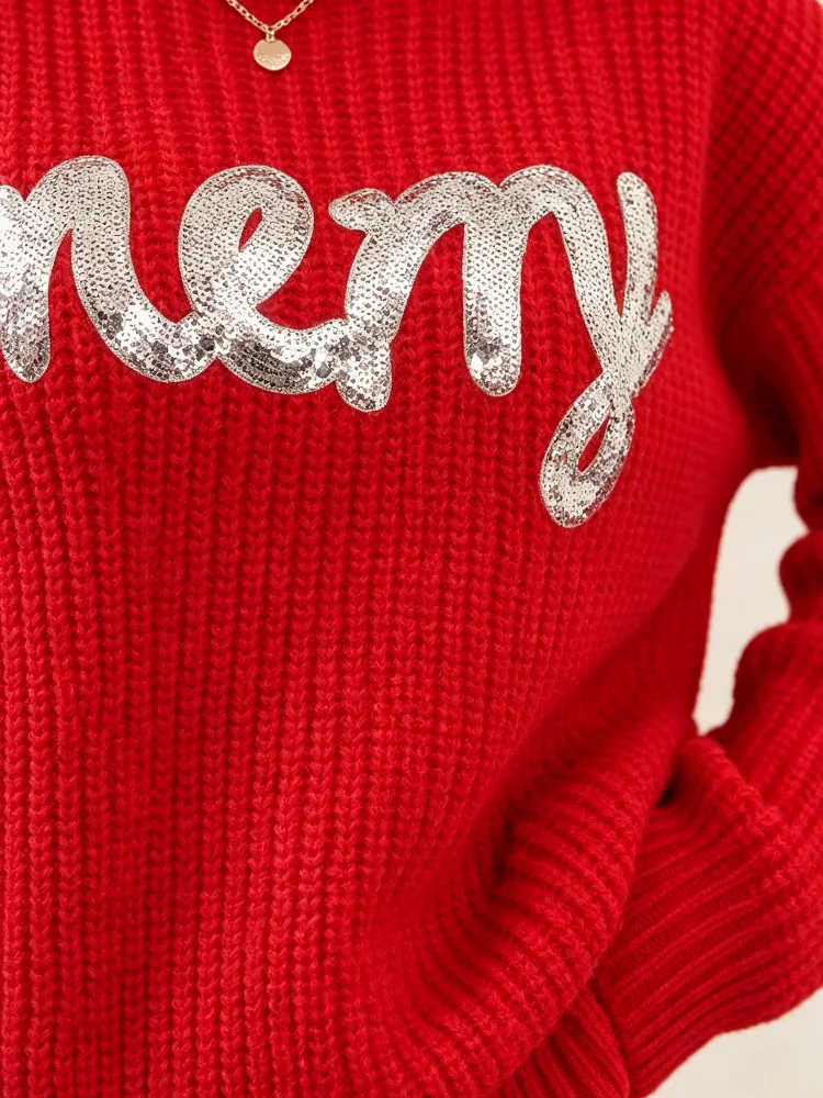 New Style Womens Thick Knitted Sweater Loose and Soft Warm Antiloosening Bright Red Base Color with Silver Beads Letters Print Round Neck Long Sleeve Winter Party Daily Wear Layered Sweater detail
