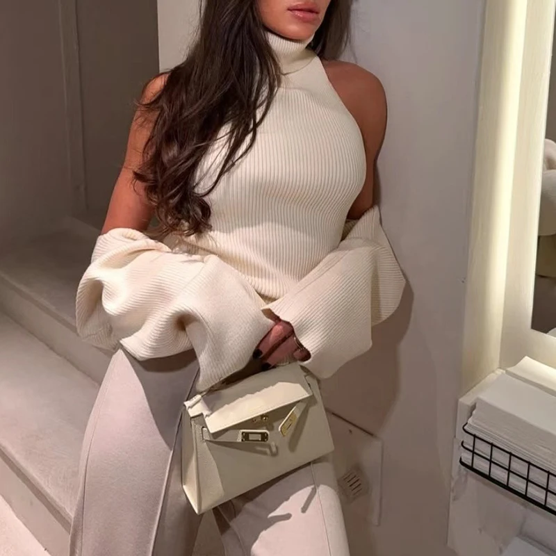 Autumn Winter New Crochet Lady Party Camisole Fashion Hollow Out Knitted Womens Sweater Casual Solid Color Slim Commute Jumper detail