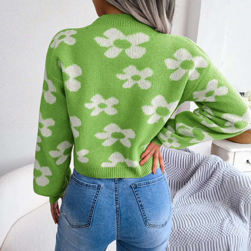 Womens Floral Contrast Color Button Front Casual Cardigan Sweater Coat Long Sleeve Open Front for Resort Wear product view