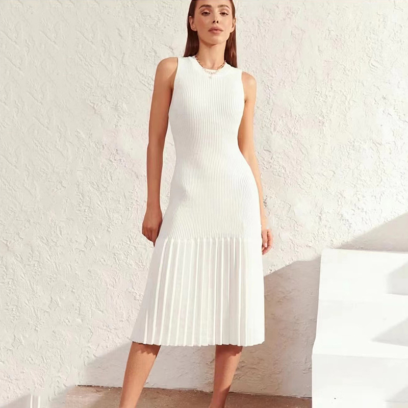 Knitwear Custom Spring Summer White Crew Neck Sleeveless Pleated ALine Natural Waist Midi Womens Knit Sweater Dress detail