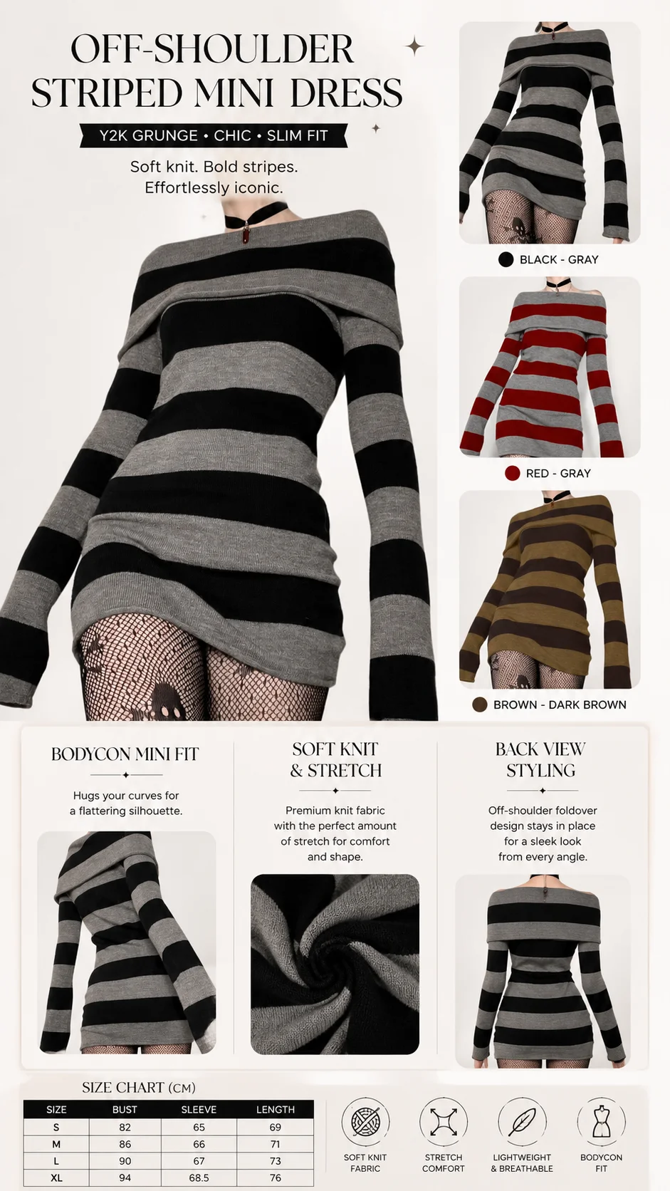 Women Gothic Y2K Off Shoulder Striped Knit Mini Dress Long Sleeve Bodycon Sweater Dress Punk Grunge Aesthetic Party Club Outfits product view
