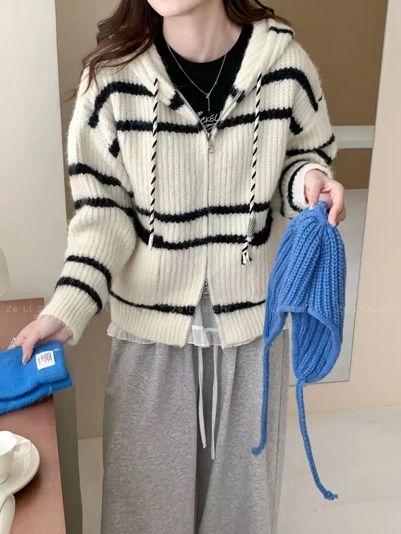 Loose Womens Zipper Knitted Sweater Striped Hooded Color Block Autumn Winter Outerwear Casual Comfortable Lazy Style Top product view