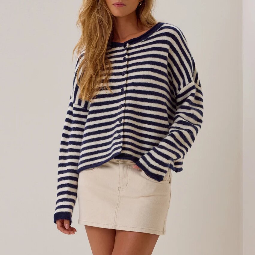 Custom Womens Stripe Crew Neck Button Down Drop Shoulder Loose Cropped Long Sleeve Soft Knitted Cardigan Sweater detail